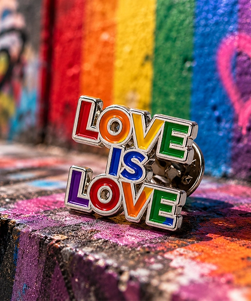 En knapp med texten "love is love" i pridef&auml;rger