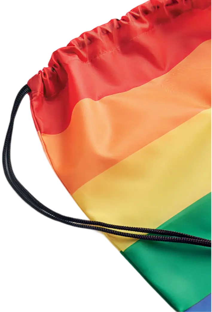 Regnbågsrandig dragsko-väska med svarta snören.