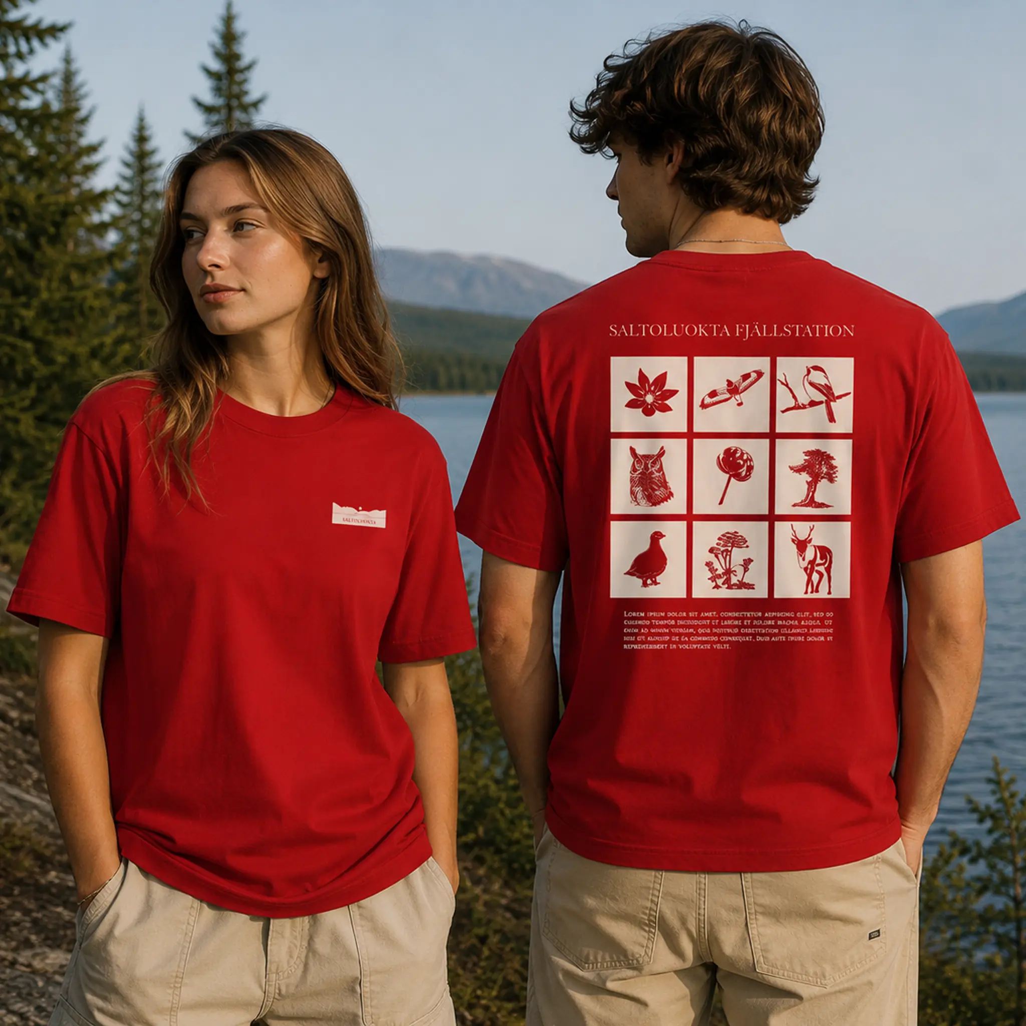 Tv&aring; personer i r&ouml;da Saltoluokta Fj&auml;llstation-t-shirts.