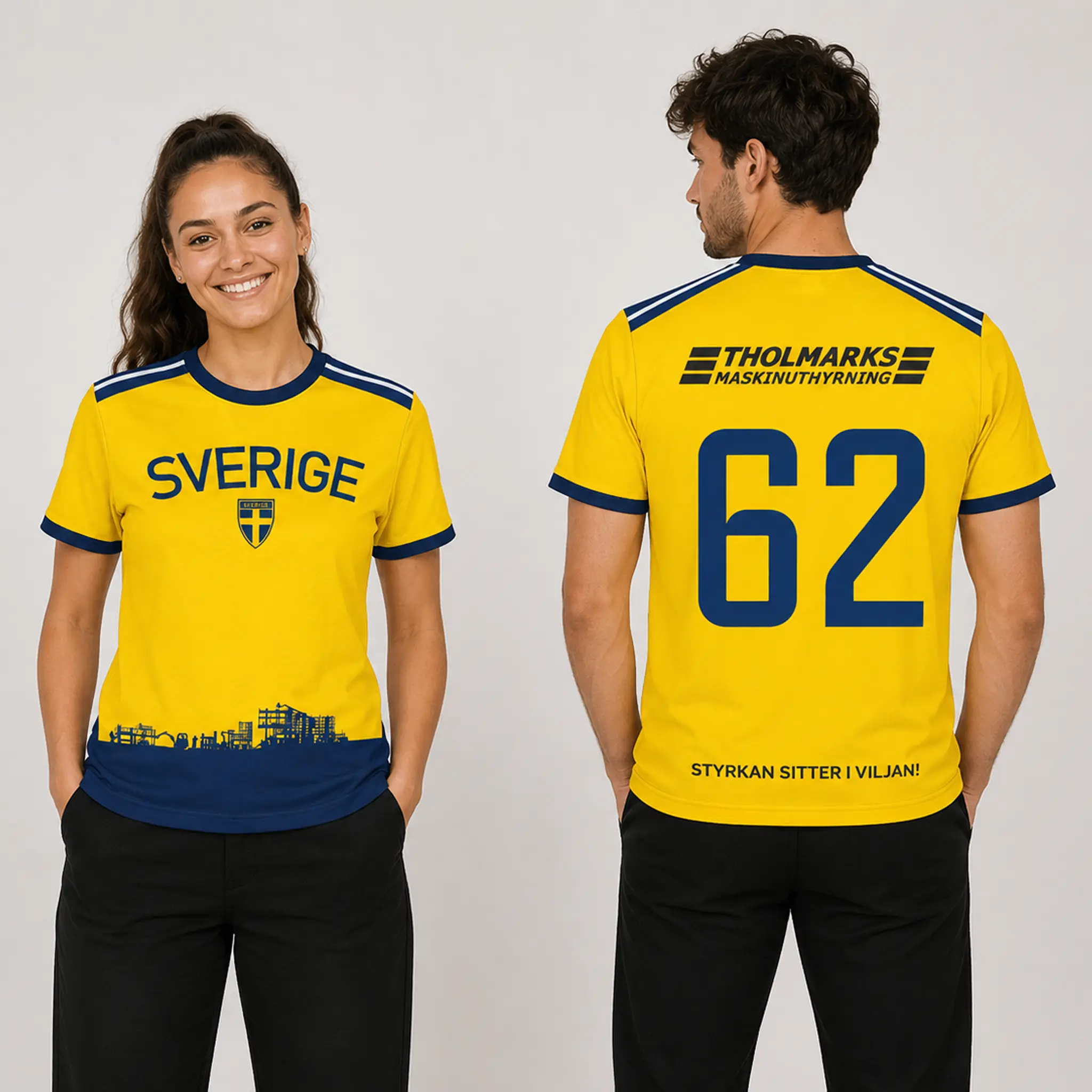 Kvinna och man i gula Sverige-fotbollstr&ouml;jor med nummer 62.