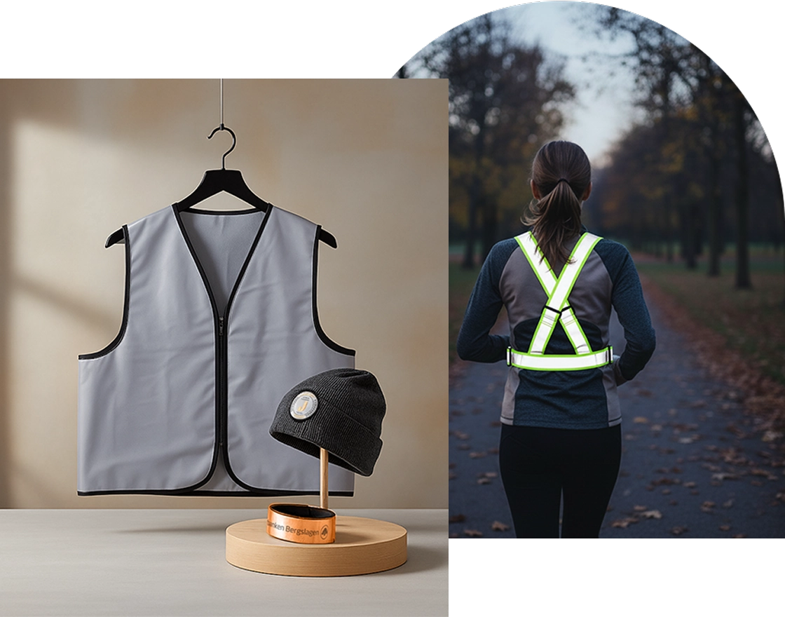 En delad bild som visar s&auml;kerhetsutrustning: en gr&aring; reflexv&auml;st, en m&ouml;rk m&ouml;ssa och ett orange band till v&auml;nster; och till h&ouml;ger, en kvinna som springer med en limegr&ouml;n reflexsele.